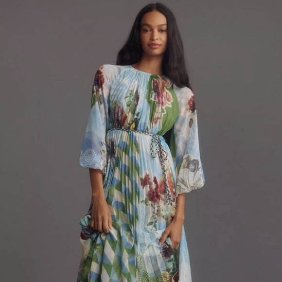 Pankaj & Nidhi Long-Sleeve Pleated Maxi Dress - Picture 1 of 4
